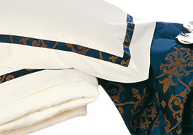 Napoleon Blue linens breathe luxury into your bedroom and bathroom.